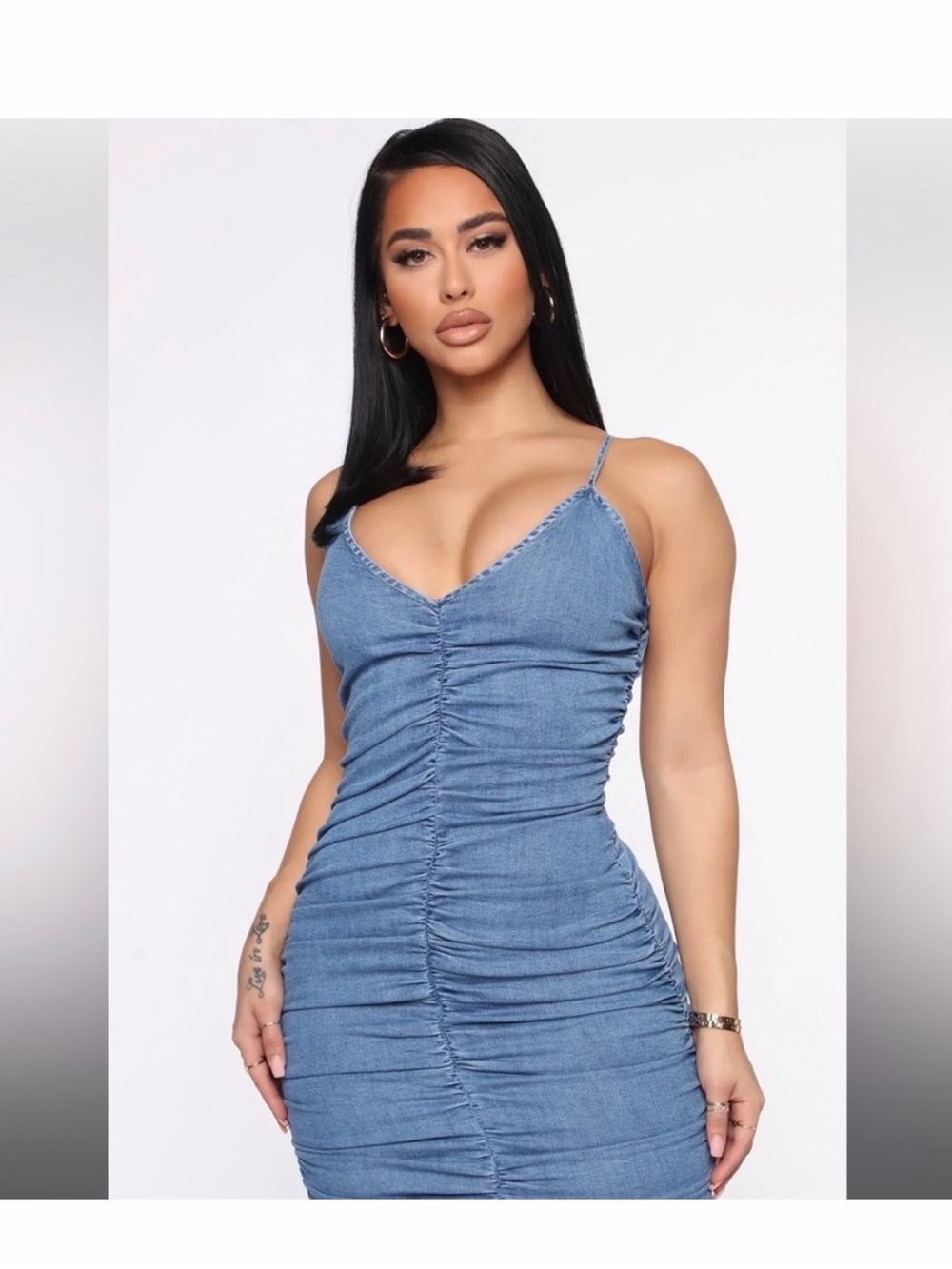 Fashion Nova Ruched Denim-Effect Spaghetti Strap Dress - Blue